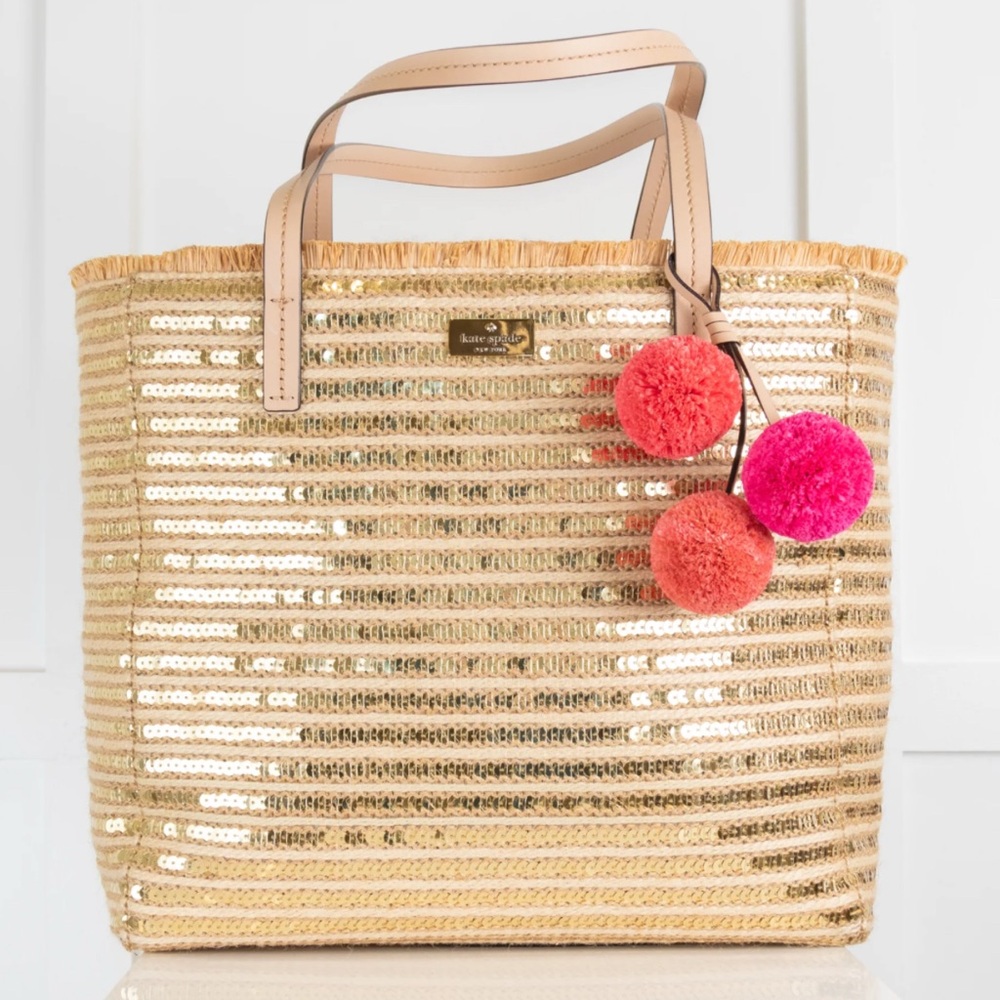 NWT Kate Spade Hallie Garden Way Sequin Raffia Tote Bag With PomPom - Picture 1 of 10